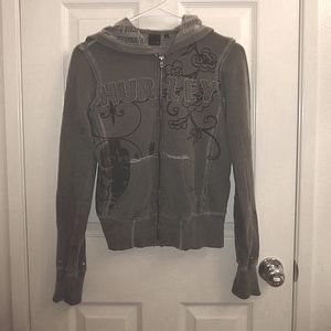 Vintage Hurley Biker Moto Hoodie Jacket Zip-up Buckled Embroidered Gray